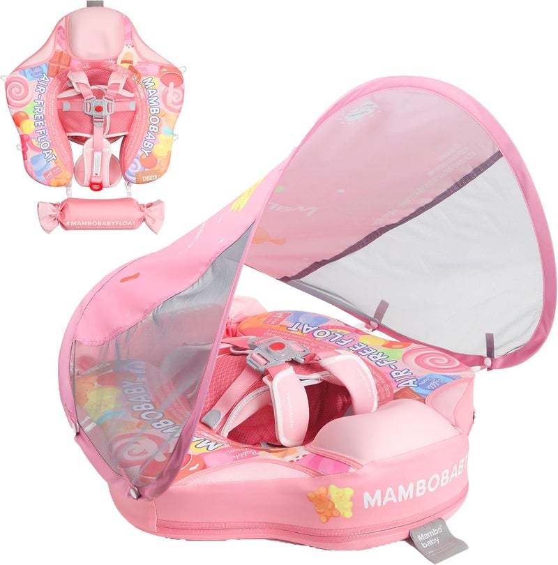 AnjeeIOT Mambobaby Float with Canopy Removable Baby Swimming Pool Float Non Inflatable Baby Safety Float Upgraded Tail Soft Skin-Friendly Material Swim Float for Toddler Infant 3-24 Months, Candy - Image 1
